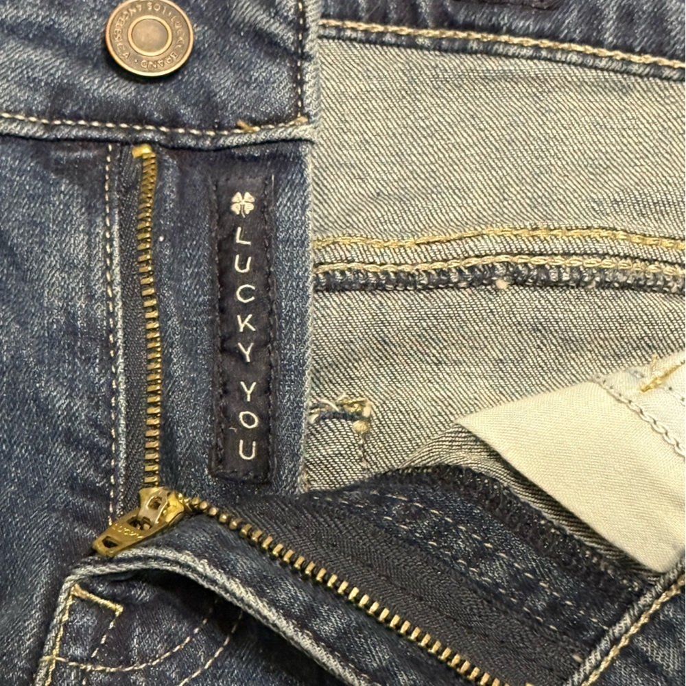 Lucky Brand Bermuda Jean Shorts | Dark Wash Denim w/ Tan Logo Patch - Picture 9 of 16